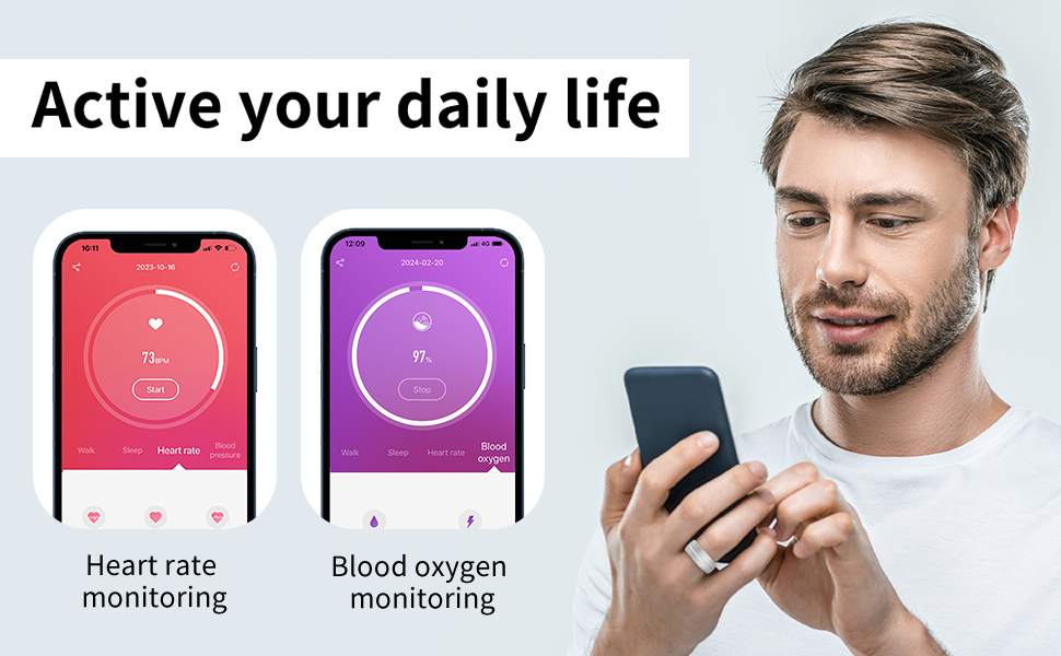 BiuEra Smart Ring Health Tracker Activity Tracker Heart Rate Monitor IP68 Waterproof Level Silver